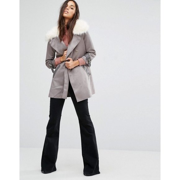 River Island Womens Suedette Coat Faux Fur Collar Double Breasted Gray Size 10 - Picture 1 of 11